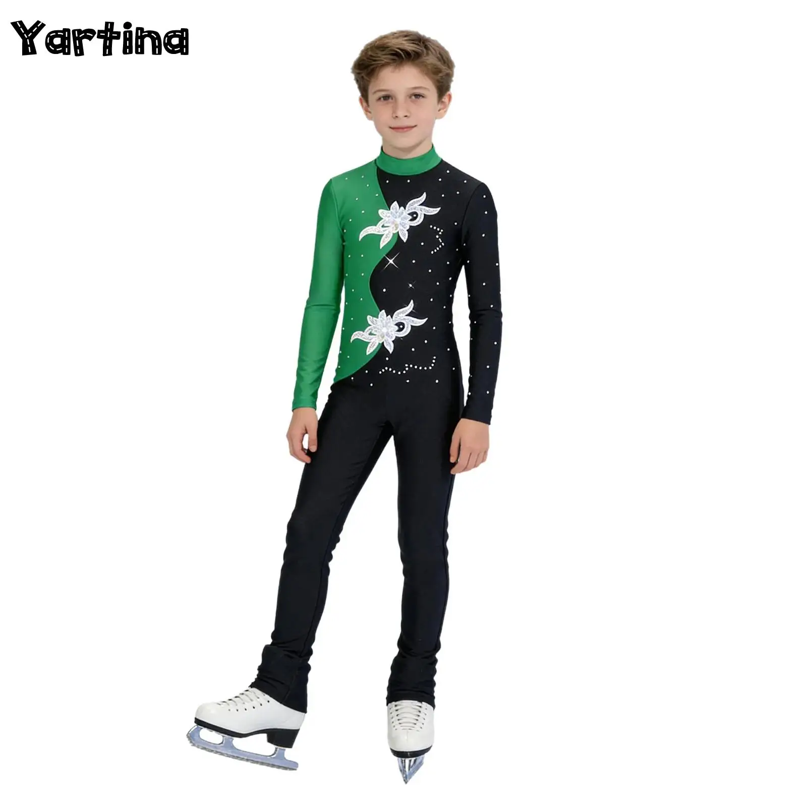 

Kids Boys Modern Jazz Latin Dance Performance Figure Skating Jumpsuit Back Invisible Zipper Shiny Rhinestone Sequined Bodysuit