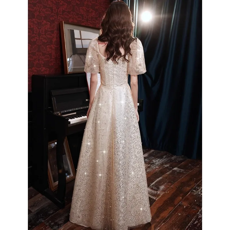 Summer New Champagne Women's Square Collar Evening Dress Fashion Grand Banquet Bridesmaid Dress Student Performance Long Dress