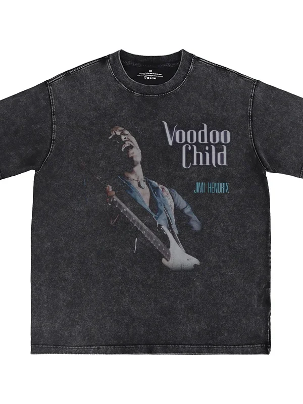 Rocker Guitarist Digital Direct Print Washed Vintage American Street Punk Loose Short Sleeve T-Shirt Youth Casual Cotton Tee