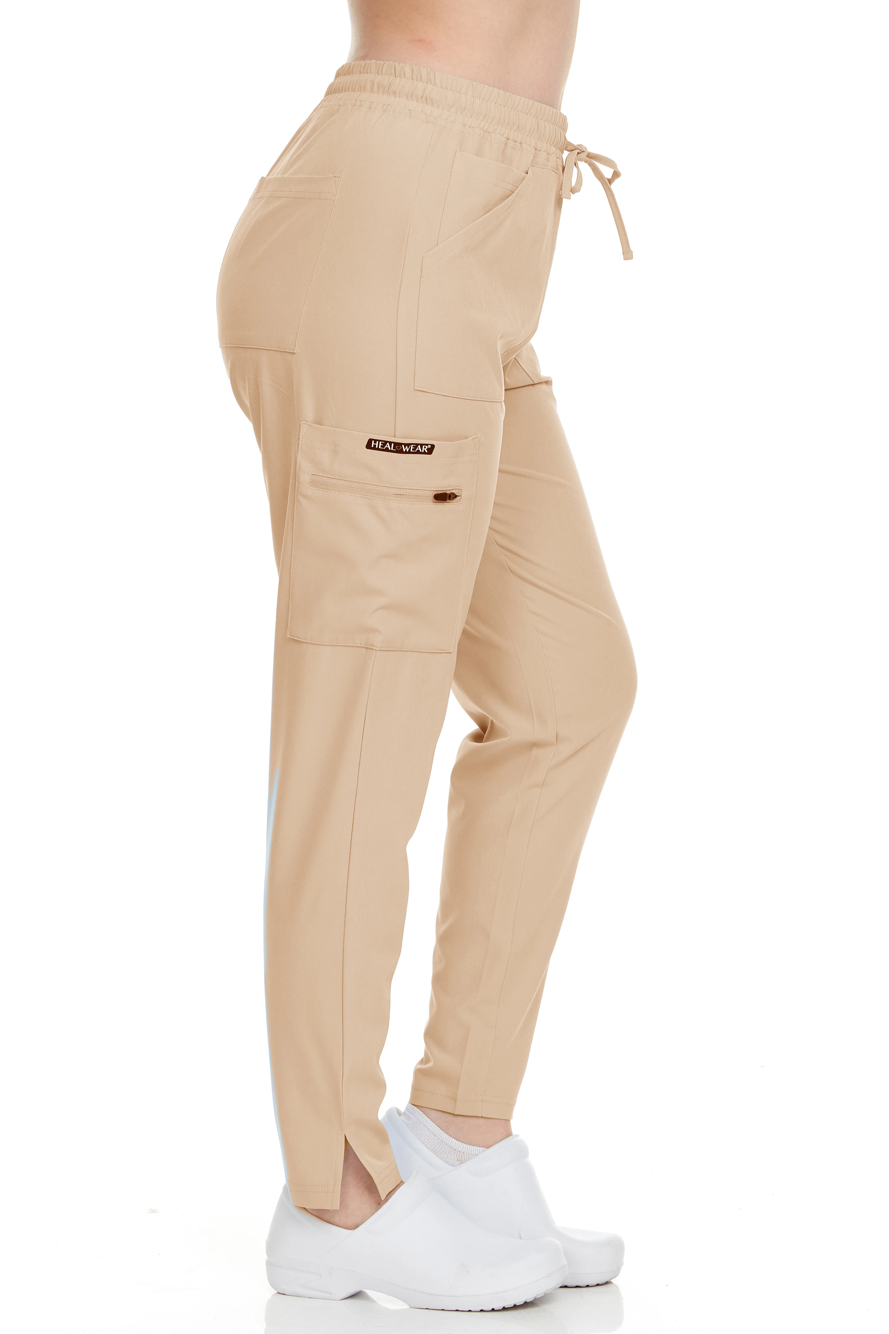 여성용 테이퍼 팬츠, 카고 포켓 4 개, 측면 지퍼 2 개, 전면 포켓 2 개, 코인 포켓 2 개, 힐링 및 웨어