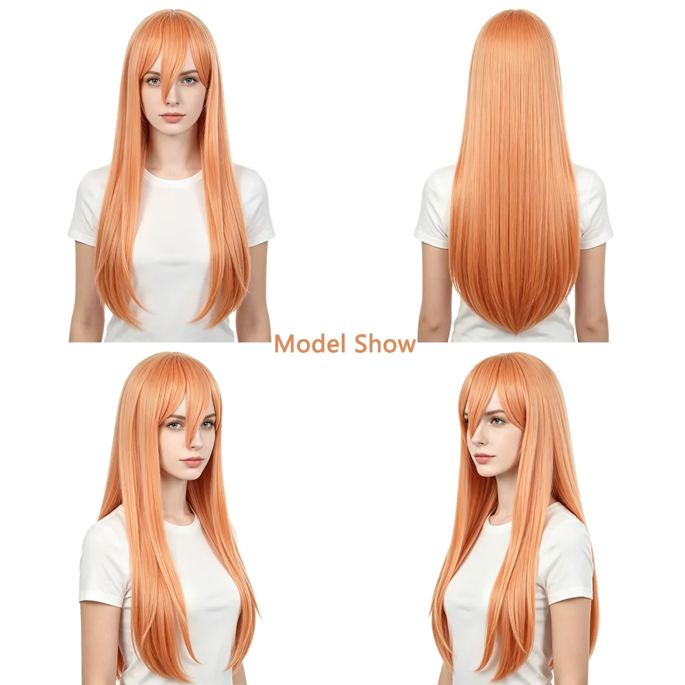 #350 Light Ginger Orange Wig 37 Inch Long Straight Wig with Side Bangs Heat Resistant Synthetic Full Wig For Cosplay Daily Party
