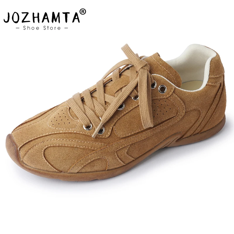 JOZHAMTA Size 35-40 Women Sneakers Real Leather Classic Casual Flats Shoes Breath Tennis Dress Spring 2025 Lace-Up Daily Dress