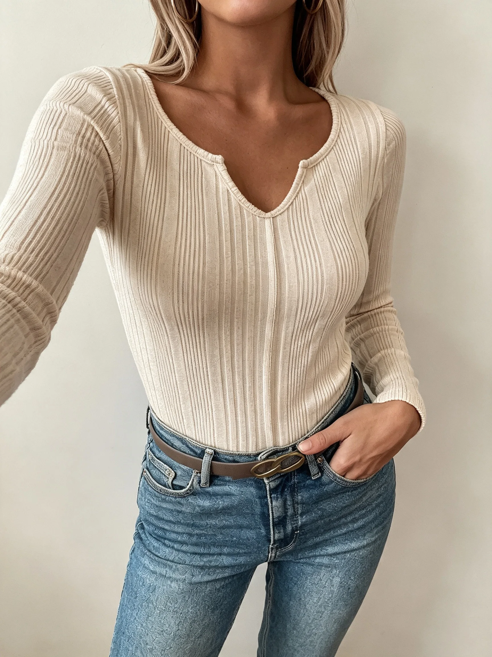 Women's Notched V Neck Knit T-Shirt Fall Winter Slim Fit Solid Color Elegant Layering Long Sleeve Basic Top