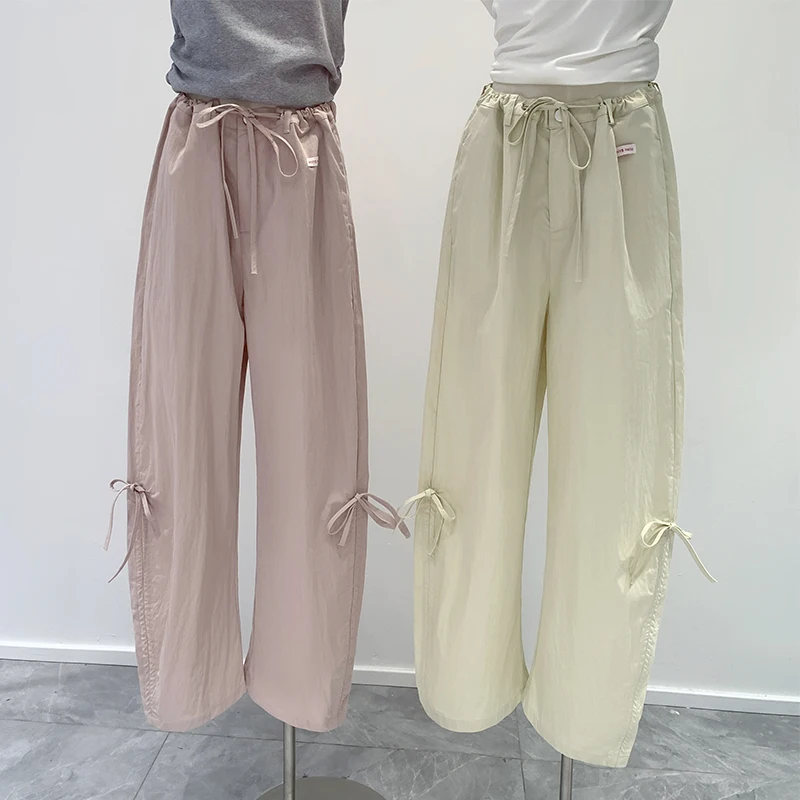 Bomon Y2K Fashion Simple Solid Color 2000s Loose Wide Leg Casual Pants Women's Clothing New Bow Lace-Up Sports Style Cargo Pants