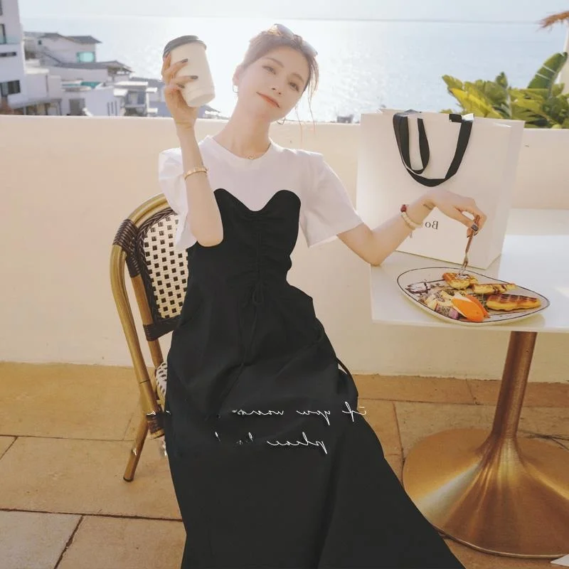 Faux deux pièces pour femmes, T-shirt à bretelles Dr, couture, taille haute, jupe trapèze, douce, couleur Pure, printemps été, coton