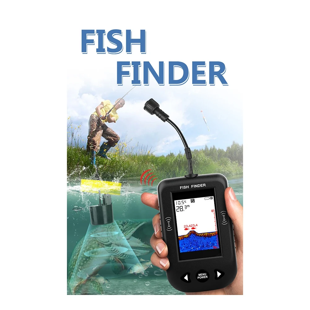 Portable Fish Finder Water Depth Sounder Temperature Fishfinder with Wire Sonar Sensor Transducer for Fishing Black HGC