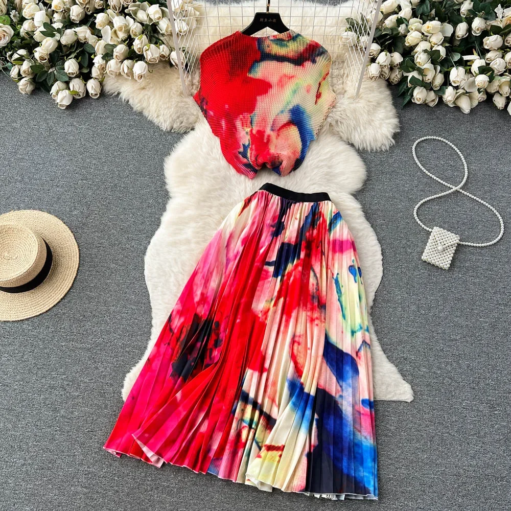 

. Blooming Printed Skirt Suit Women's New Thread Temperament Half-high Collar Top + Pleated Skirt Two-piece Set