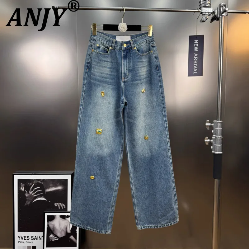 

ANJY 2021, осенне-зимние новые женские модные прямые потертые джинсы с металлической пряжкой, стильные уличные джинсовые брюки A15253
