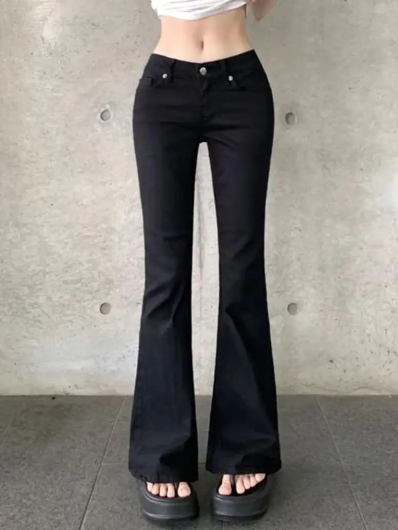 بنطلون جينز نسائي بخصر منخفض وقصة واسعة، ضيق ومريح، بتصميم كوري بلون واحد، يطيل الساق ويبرز المؤخرة مع بطانة داخلية #1