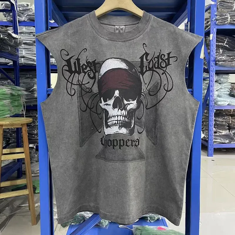West Coast Choppers Sleeveless T-Shirt American Skull Print Men Women Washed Distressed Casual Versatile Tank Top