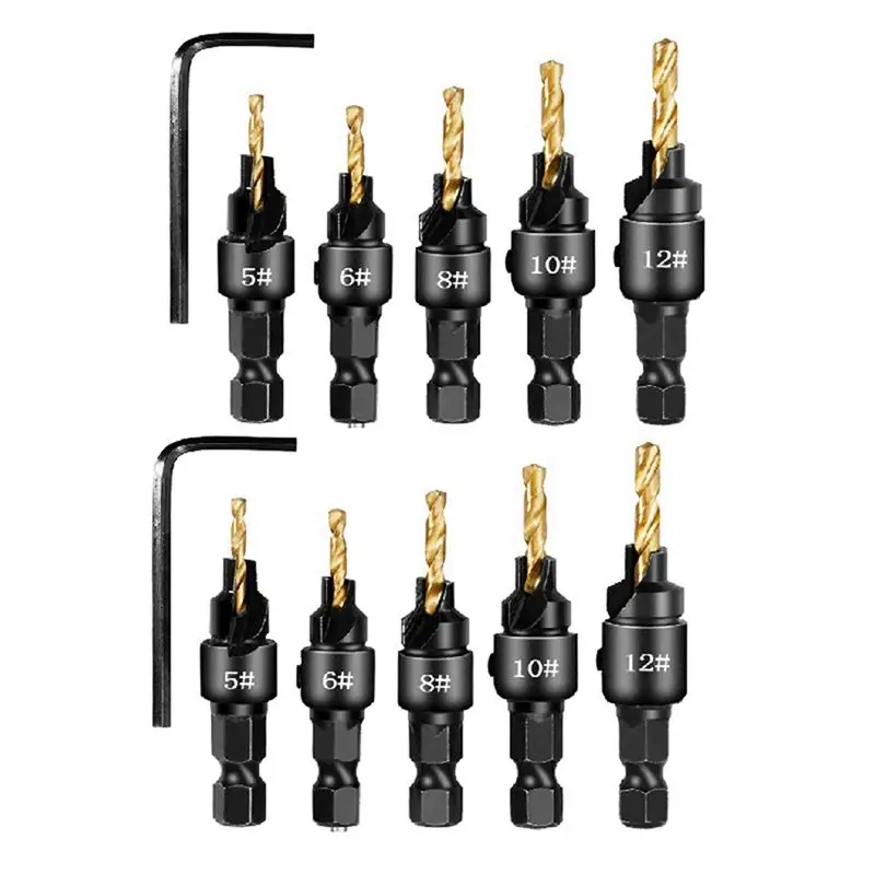 

AT05-2 Setsx5pcs Countersunk Drill Hexagonal Handle Steel Hole Opener Set Wood Taper Hole Integrated Drill Bit