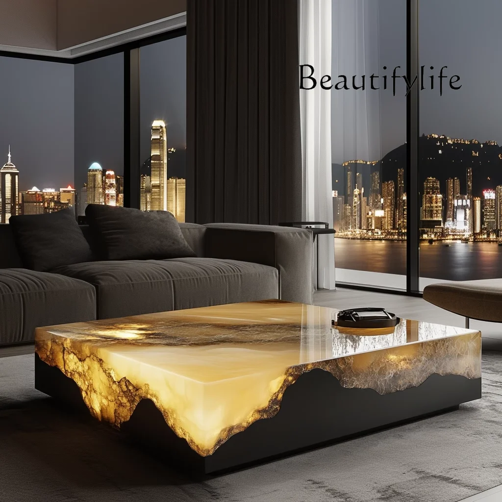 

Square luminous jade coffee table leather light luxury modern minimalist style living room luxury stone natural marble
