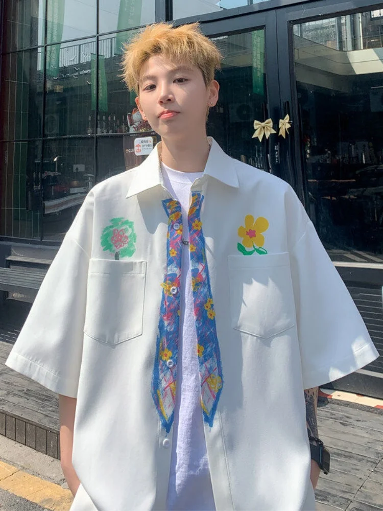 

Casual Summer New Large Size Short Sleeve Men's T-shirt Hong Kong Style Outdoor Landscape Print College Style Five Sleeve Trendy