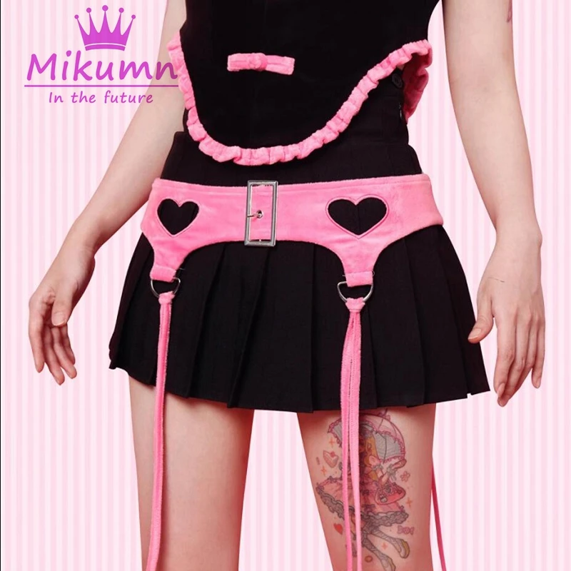 Mikumn Harajuku Punk Pink Hollow Out Love Heart Waist Belt Lace-up Decoration Belt Y2K Aesthetic Women Chic Waistband Streetwear