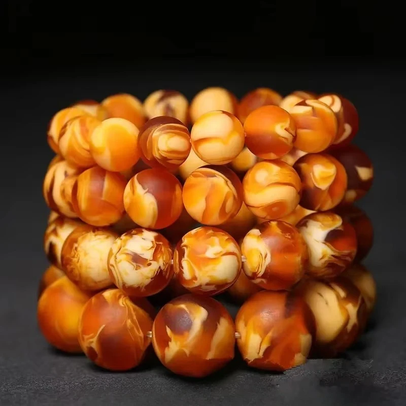 Old Beeswax Tiger Skin Pattern Hand String Men Bracelets Amber Demon Flower Wax Round Bead Single Circle Bracelet Buddha Beads