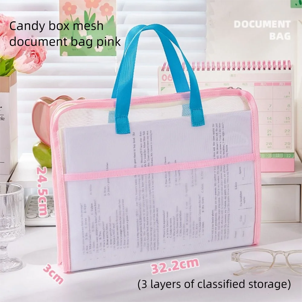 Candy Color Test Paper Storage Bag Visible 3 Compartments Zipper Mesh Bags Large Capacity Handheld Kids Document Bag Travel