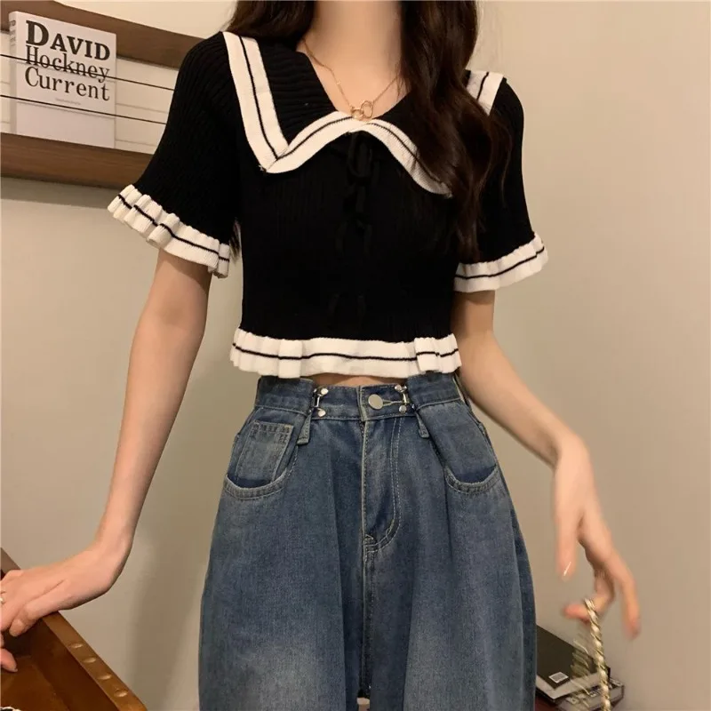 Short-sleeved T-shirts Women Summer French Style Ruffles Peter Pan Collar Bow Lace-up Office Lady Daily Basics Short Tops Female