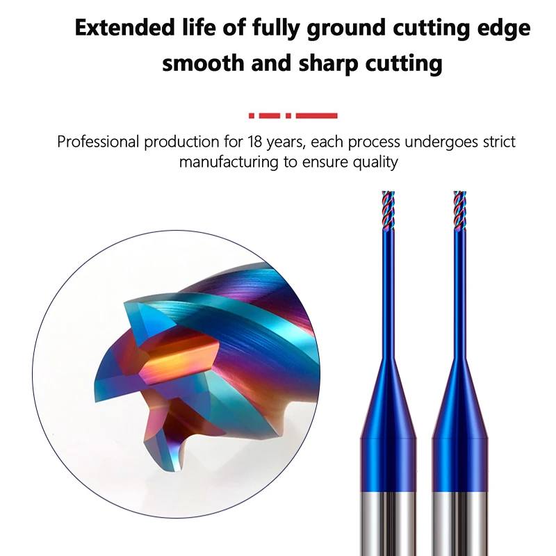 Mini herramienta de corte CNC de carburo HRC65, molino de extremo en miniatura de precisión con cuello largo, 1mm, 1,5mm, 2mm, 3mm, R0.1, R0.5, R1, R1.25, R1.5