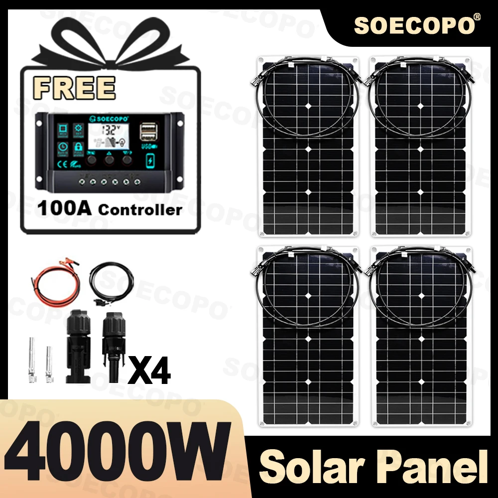 

SOECOPO 4000W Portable Solar Panel Kit 4*1000W Solar Panels(18V) Free 100A Controller Dual USB 5V for Powering Camping Equipment