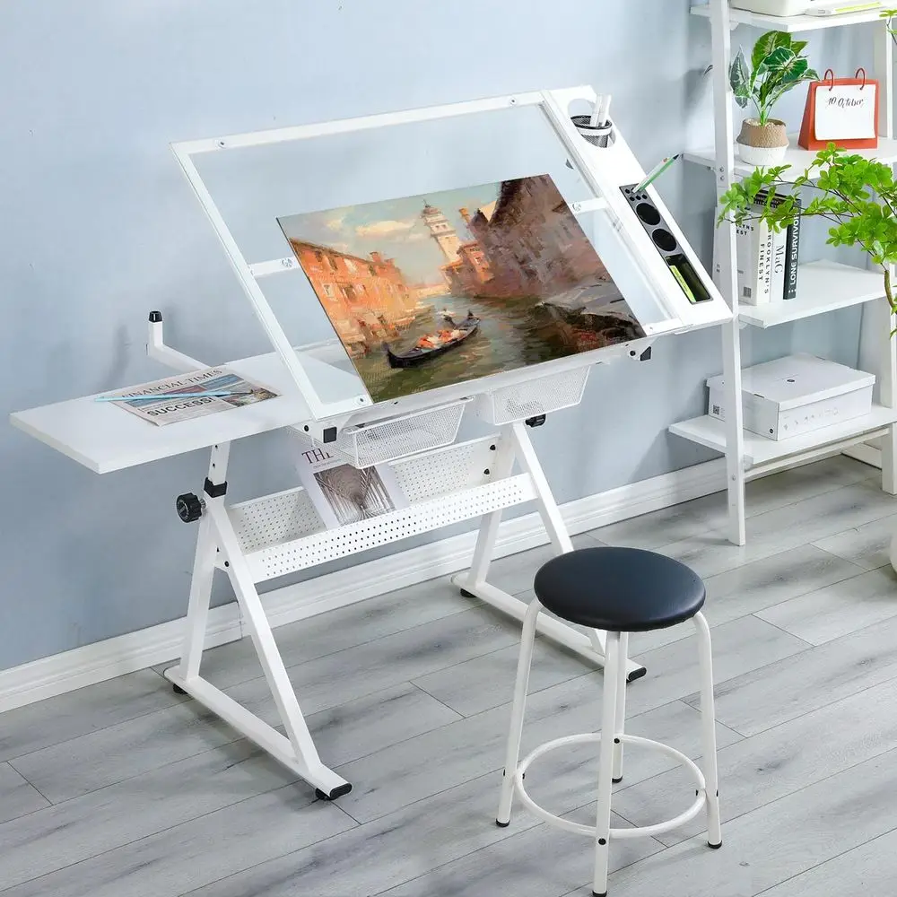 

Drating Table Adjustable or Artists - Art Ding Desk with Storage or Painting Sketching - Glass Top or Painters IllustratCartsts