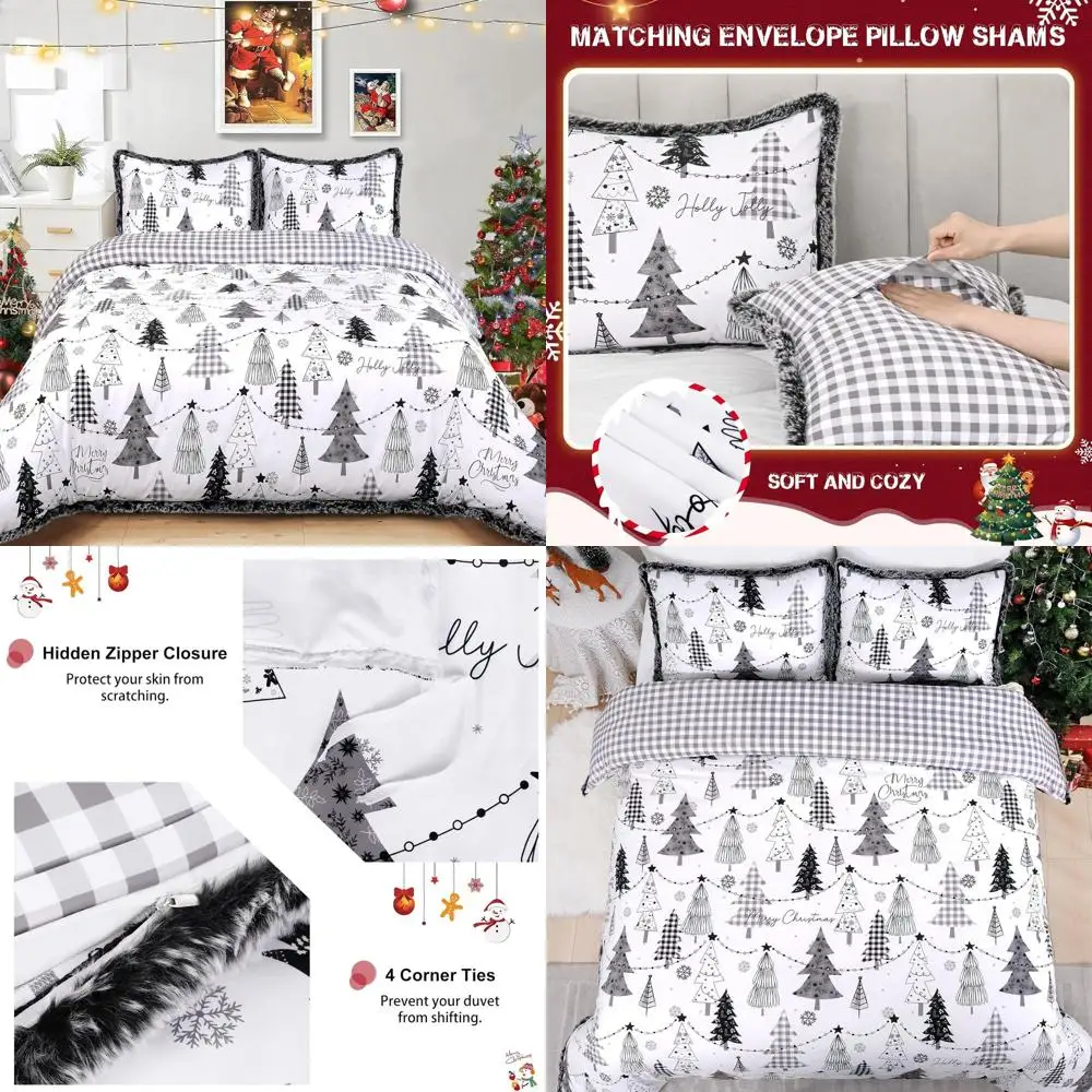

King Size Christmas Duvet Cover Set with Tree & Snowflake, Plush Edge, Grey Check, 104x90