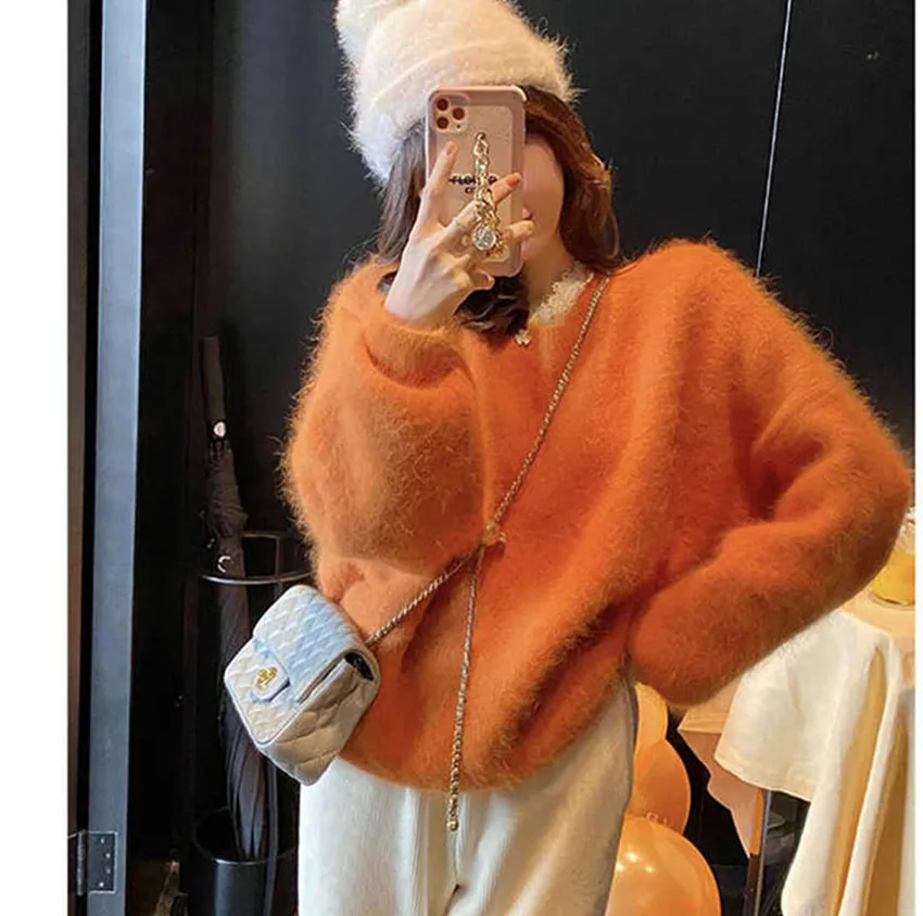 JSXDHK 2022 New Autumn Winter Orange Mink Cashmere Sweaters Chic Fashion Women O Neck Knitted Mohair Soft Loose Pullover Tops