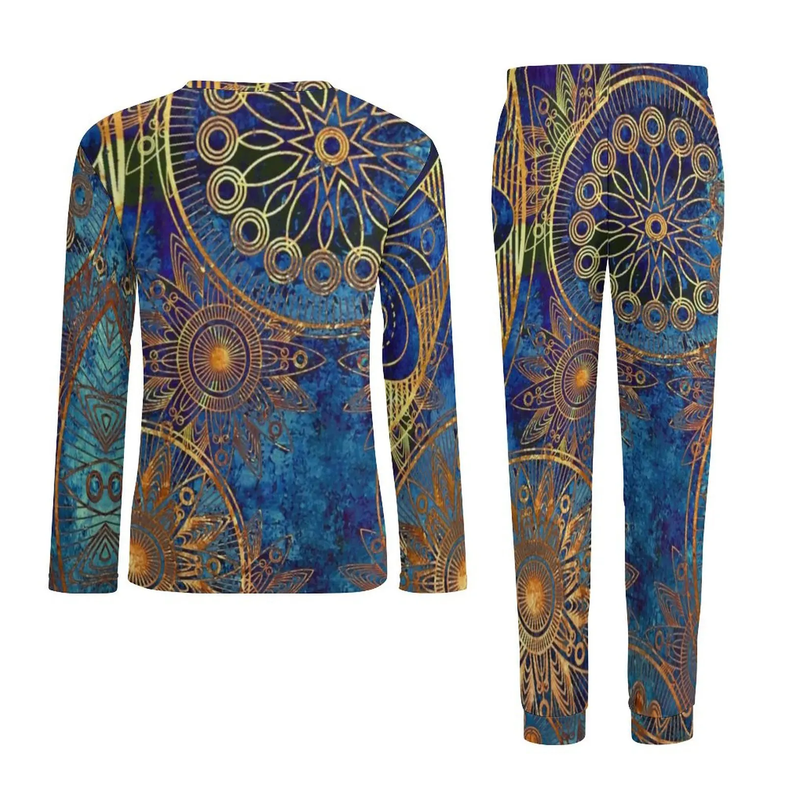 Pyjama Steampunk céleste à manches longues pour hommes, bleu, or, mandala, ensembles de pyjamas décontractés, vêtements de nuit surdimensionnés, imprimé mignon, hiver, 2 pièces