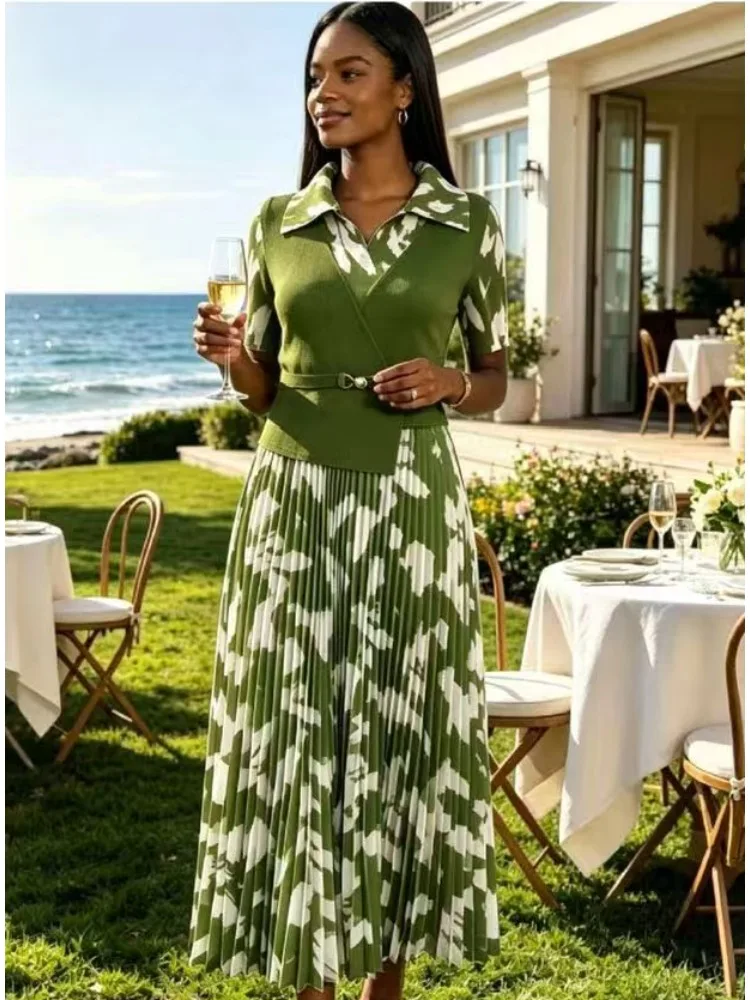 

Miyake Loose Women's Fashion Dress Suit Collar Short Sleeve Casual Elegant Vacation Fake Two-piece Dress