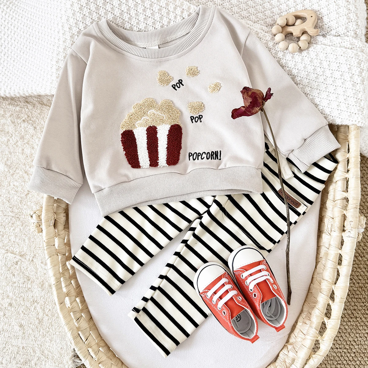 New Infant Outfit Top Spring Autumn Girl Long Pants Sweatshirt Cartoon Popcorn Top Kids Children Clothing 2Pcs Baby Boy Clothes