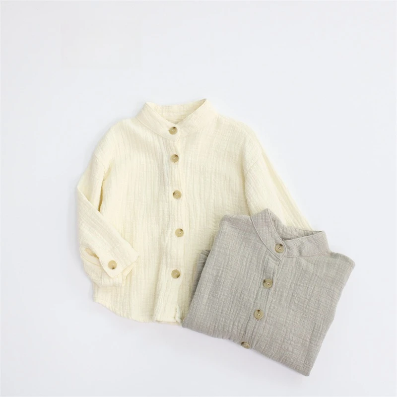 2026 Autumn Children's Shirt Solid Color Boys' Top Cotton and Hemp Stand Collar Versatile Long Sleeve