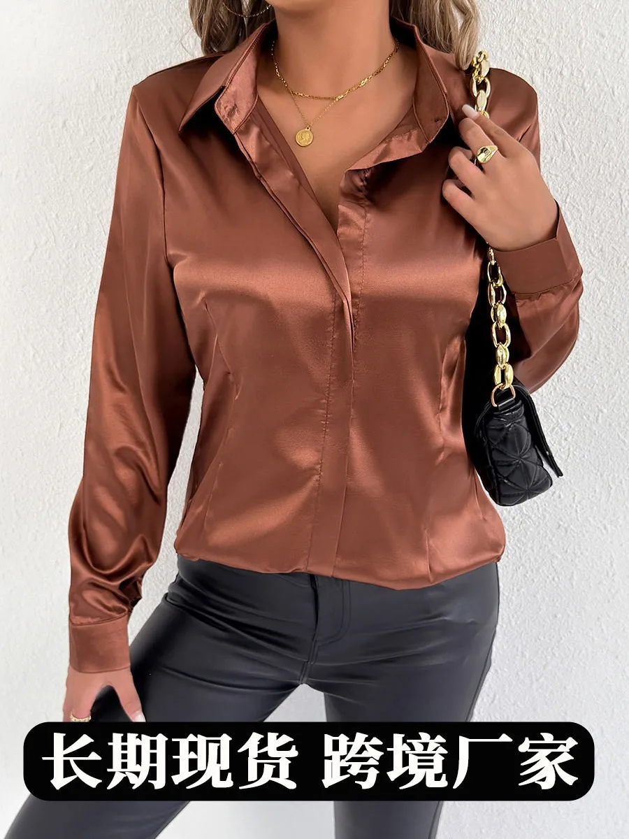 

Summer Women's Clothing Satin Long Sleeve Button Up Shirt Elegant Office Wear For Polyester Sateen Regular Fit Mid Length