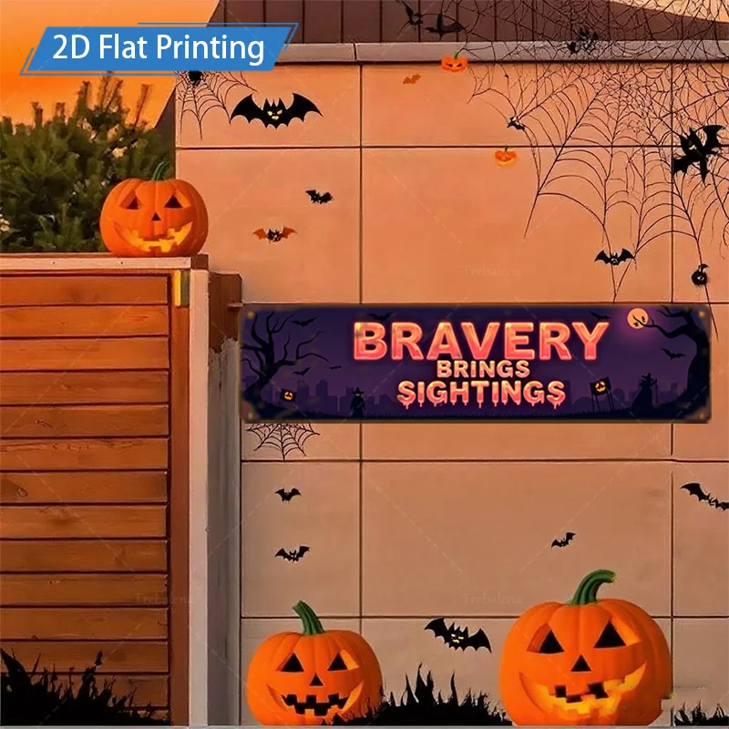قطعة واحدة من لافتة معدنية، لافتة شجاعة للهالوين مقاس 4 × 16 بوصة مع أضواء اليقطين والخفافيش للديكور الاحتفالي #4