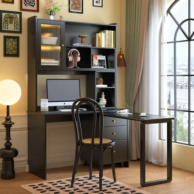 French solid wood desk bookshelf integrated student home corner American retro style black bedroom study computer desk