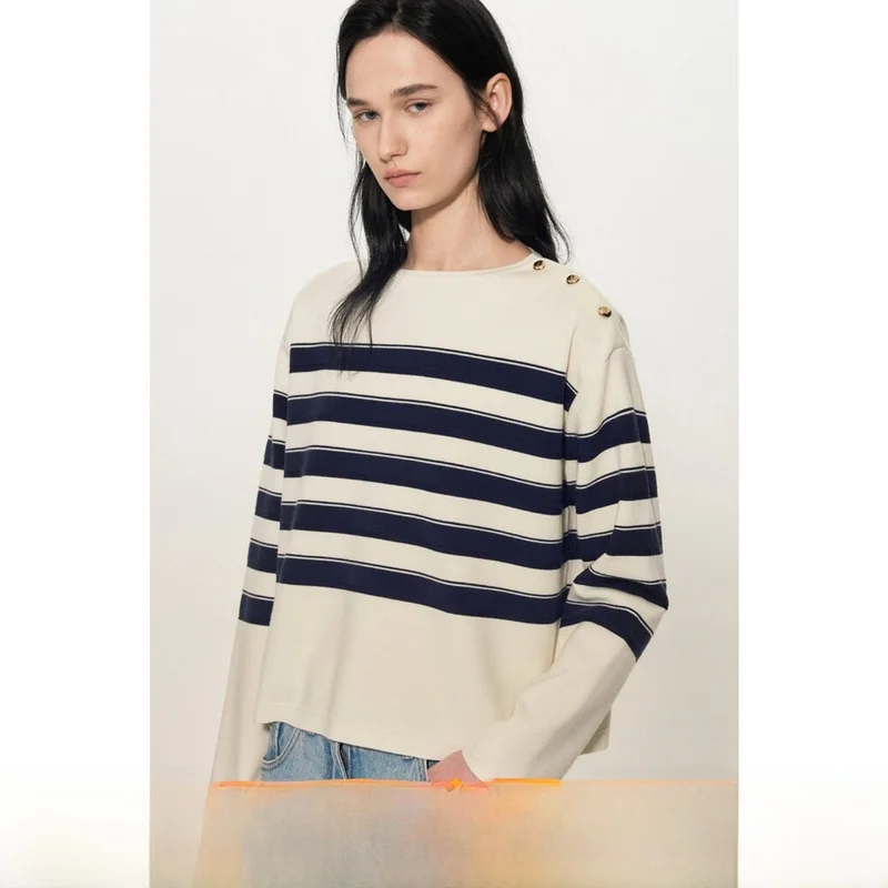 

Вязаный шерстяной круглый нео-полосатый цветной блузкий универсальный женский свитер, мягкий длинный свек на пуговицах, повседневная одежда