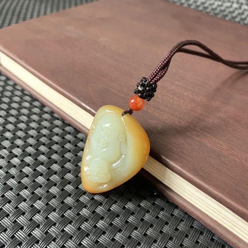 Hotan Jade Laughing Buddha Pendant,-Colored Natural Stone, Irregular Shape
