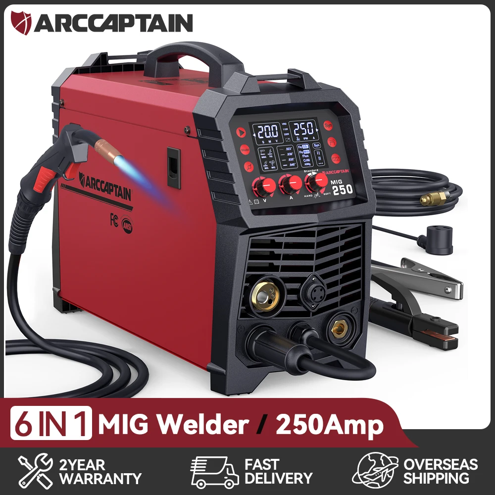 ARCCAPTAIN 250A MIG Welder 110V220V 6 in 1 MAG/Flux Core MIG/Stick/Lift TIG/Spool Gun/Spot LED Display IGBT Welding Machine