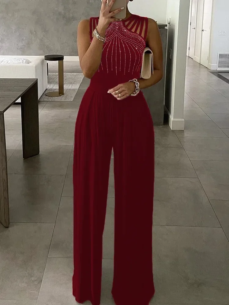 Dames Jumpsuit Met Diamant Bedrukte, Uitgeholde Mouwen Met Schouderlengte Tot Taille In De Herfst En Met Wijde Pijpen Sprankelende Club Jumpsuit Voor Dames