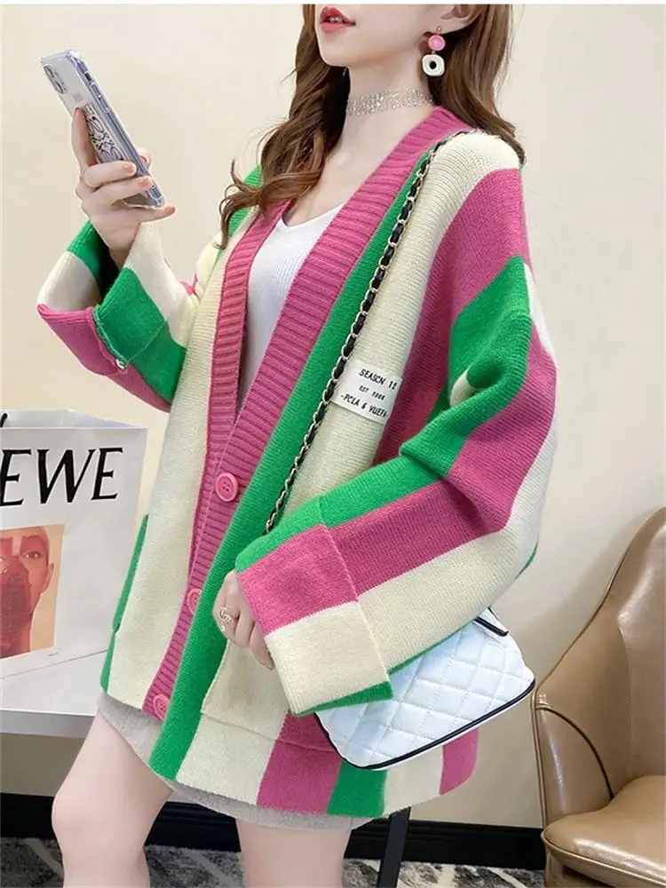 H.SA 2022 Women Long Sweater Coat Vneck Oversized Cardigans Patchwork Sweater Casual Striped Chic Street Knit Poncho Korean Tops