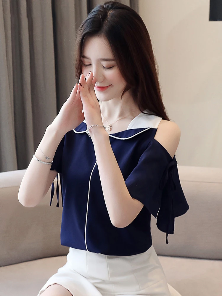 

Tie-Detail ort Sve Chiffon Top Women's Summer Faion Loose Fairy-Like Color Blo Bell Sve irt Stand Collar Blouse