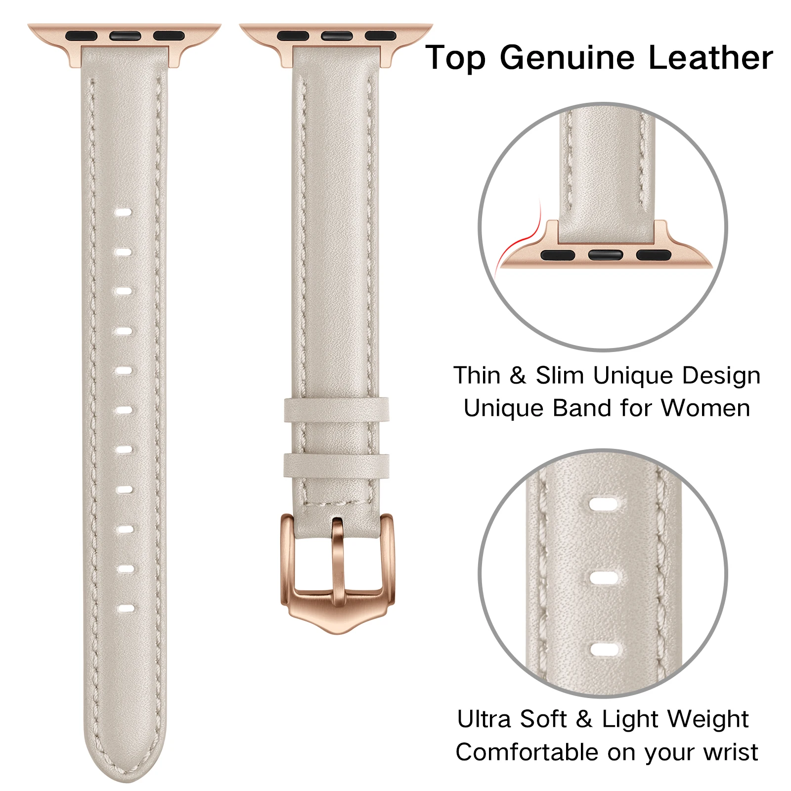 Beige Leather Strap Lady for Apple watch band 38/40/41/42mm 44/45/49mm iwatch series 8765432 rosegold stainless steel buckle