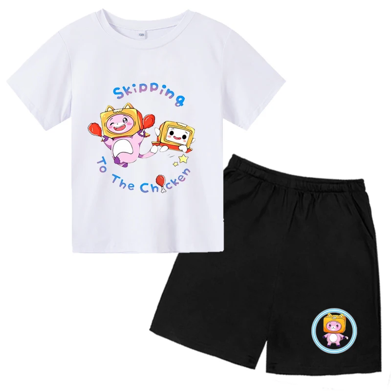 Gola redonda t-shirt set para crianças, esportes casuais de manga curta e shorts, 2d caixa impressa, para meninas e meninos de 3 a 12 anos de idade, novo