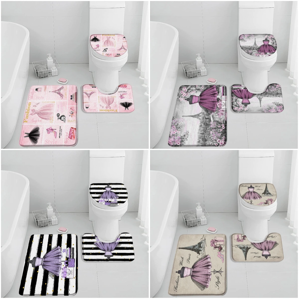 Pink Dress Fashion Non-slip Bath Mat Set Paris Eiffel Tower Perfume High-heels Bathroom Decoration Home Carpet Toilet Lid Cover