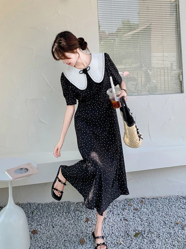 

Платье больших размеров (до 300 фунтов) в корейском стиле, черное, с кукольным воротником, летнее, повседневное, с коротким рукавом, А-силуэт, женская одежда