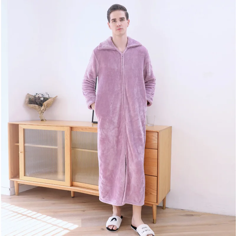 Winter Warm Couple Sleepwear Long Zipper Bathrobe Pajamas Thick Super Soft Nightgown Fashion Warm Big Lapels Casual Homewear