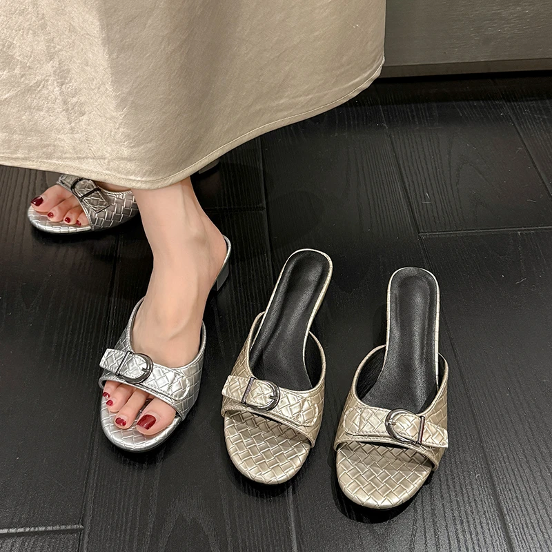Women Open Toe Block Heel Slide Sandals Woven Embossed Single Strap Metal Buckle Backless Party Dress Mules Slippers