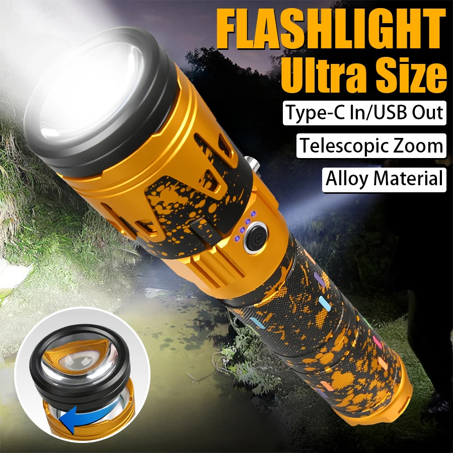 

High Power Led Flashlight Super Bright Long Range Zoom Torch Type C Rechargeable Outdoor Tactical Hand Lamp Camping Lantern