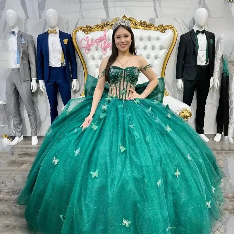 Personnalisé princesse Quinceanera robe papillon Appliques perles cristal anniversaire bal doux 16 robe robes De 15 Años Corset