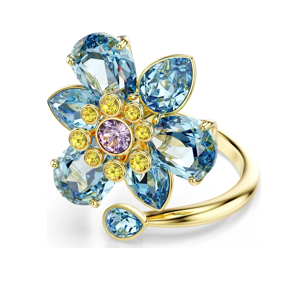 

Романтическое кольцо с цветочным узором в золотистых тонах, изысканный дизайн с множеством камней в форме цветка