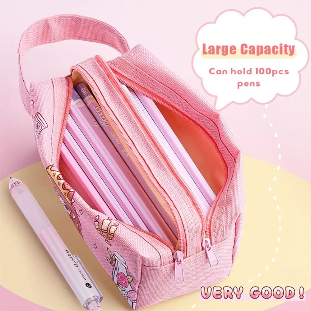 Cartoon Handheld Pen Bag Large Capacity Portable Stationery Bag Double Layers Pencil Case Gift