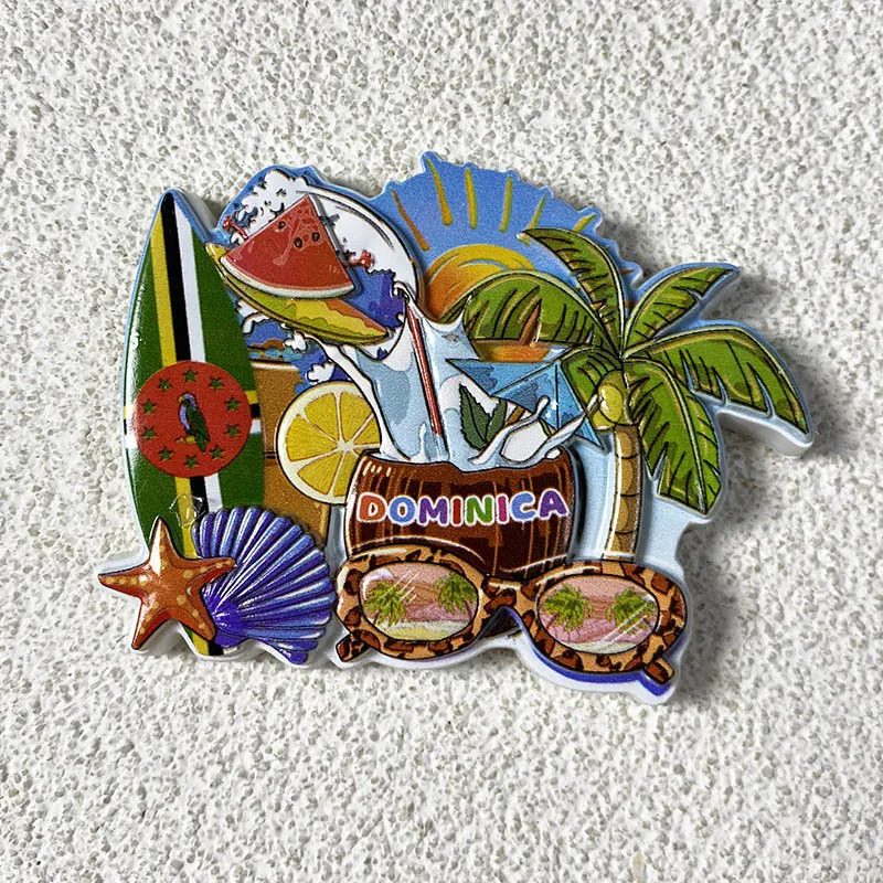 

Dominica Caribbean Refrigerator Magnets Featuring Surfboard, Coconut Drink, Palm Tree and Sunglasses, Cute Home Decor Items